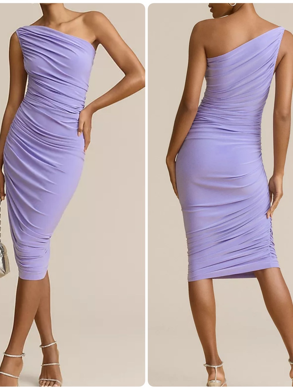 Norma Kamali Diana One-Shoulder Ruched Knee-Length Dress Purple